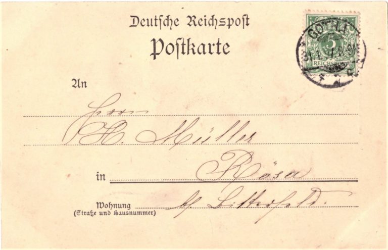 Nr. 2: Rückseite Marke 5 Pf. Ziffer/Krone, Michel 46, Stempel Gotha 1 (Hauptpost), 31.7.97. 8-9 V; ohne Ankunftsstempel