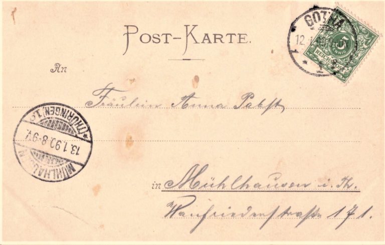 Nr. 3: Rückseite Marke wie Nr. 2, PA Gotha 1, 12.1.99. 9-10 N; Ankunft Mühlhausen 13.1.99. 8-9 V