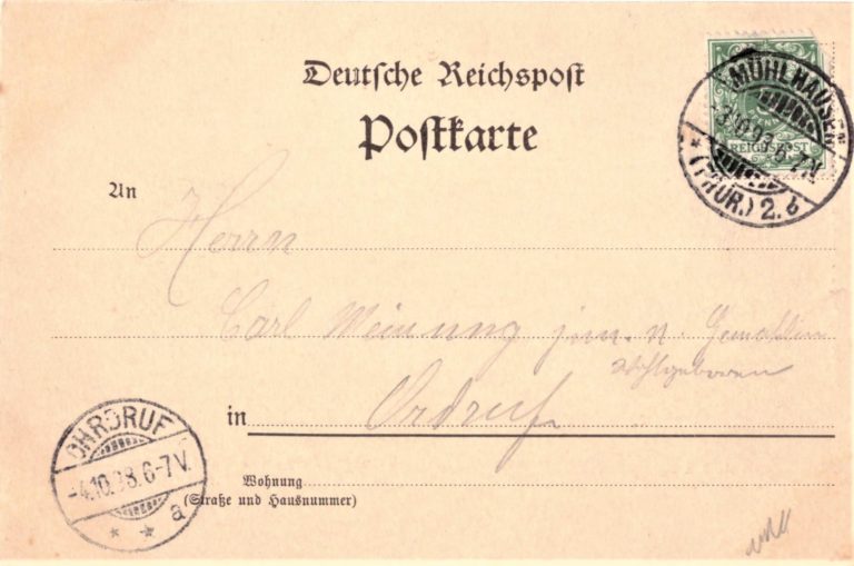 Nr. 5: Rückseite Marke wie Nr. 2, Mühlhausen 3.10.98. 6-7 N; Ohrdruf 4.10.98. 6-7 V