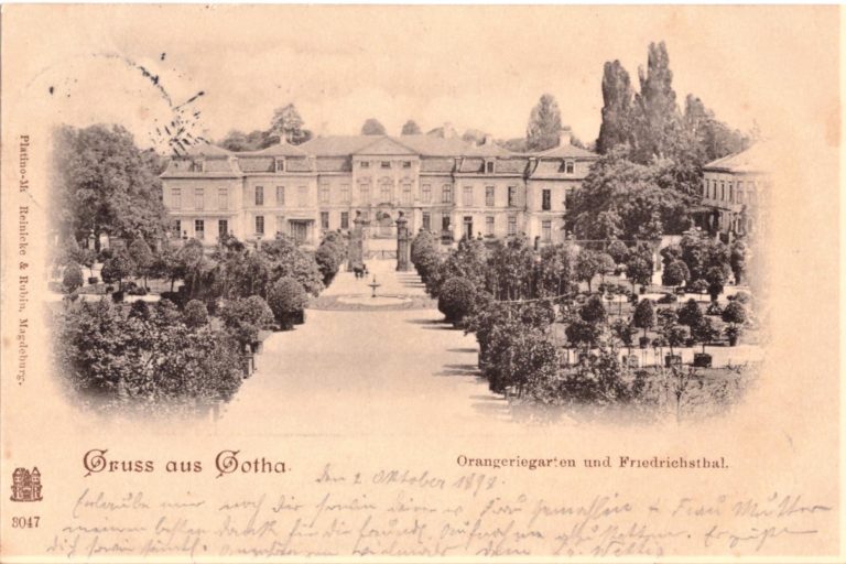 Nr. 5: 1898, Orangeriegarten und Schloss Friedrichsthal, aufgegeben in Mühlhausen, Verlag Reinicke & Rubin, Magdeburg