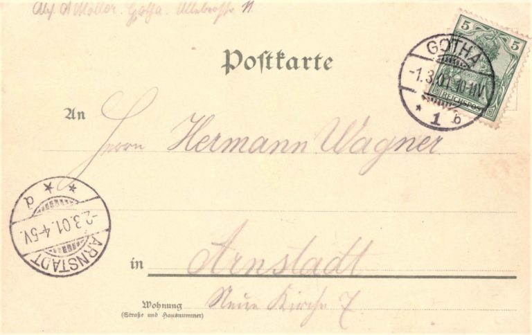 Nr. 8: Rückseite Marke wie Nr. 1, PA Gotha 1, 1.3.01. 10-11 V; Arnstadt 2.3.01. 4-5 V