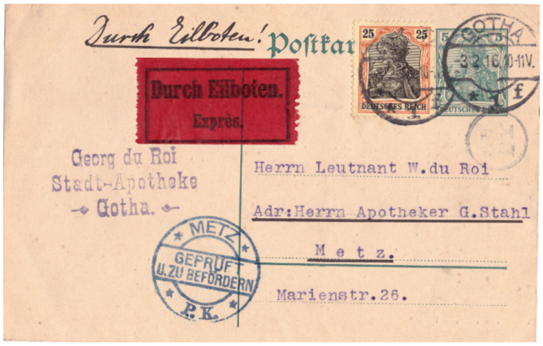 Eine Postkarte von 1916 an den Gothaer Philatelisten Wilhelm du Roi (1893-1978)